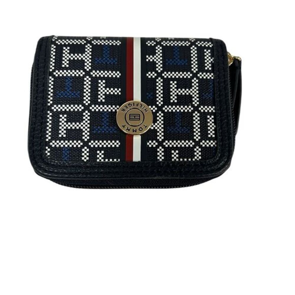Tommy Hilfiger Designer Wallet Monogram Gold Emblem Navy and White